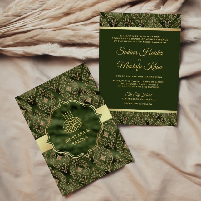 Invitation Gold Damask Hunter Green Islam Mariage musulman (Créateur téléchargé)