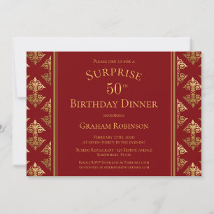 Invitation Gold Damask Red Surprise Dîner 50e anniversaire
