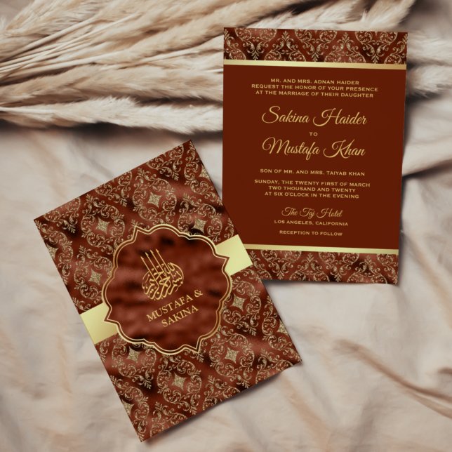 Invitation Gold Damask rouille Orange musulman musulman Maria (Créateur téléchargé)