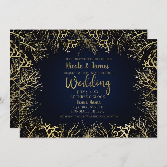 Invitation Gold & Dark Navy Blue Elegant Coral Mariage (Devant / Derrière)
