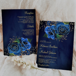 Invitation Gold Dark Royal Blue Floral tout en un Mariage