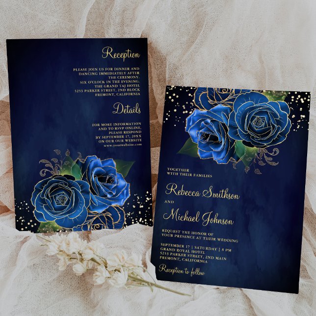 Invitation Gold Dark Royal Blue Floral tout en un Mariage (Créateur téléchargé)