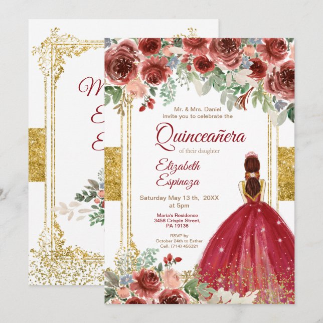 Invitation Gold de Quinceañera en Bourgogne  (Devant / Derrière)