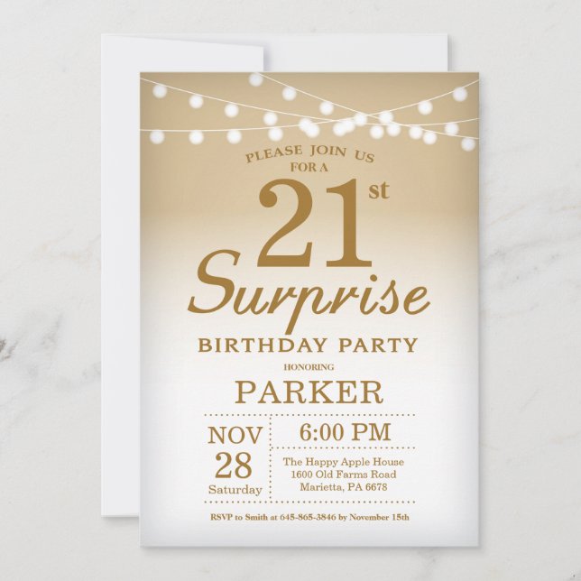 Invitation Gold de surprise 21e anniversaire (Devant)
