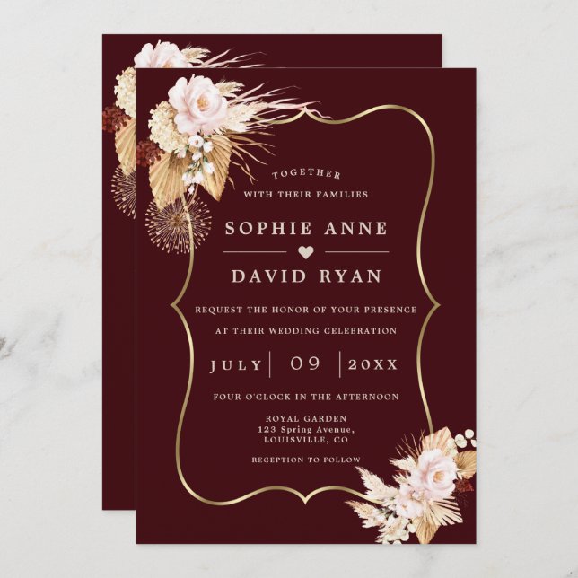 Invitation Gold Deep Burgundy Floral Fall All In One Wedding (Devant / Derrière)