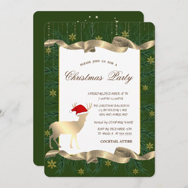 Invitation Gold Deer Santa Hat, Branches Green Christmas Part (Devant / Derrière)