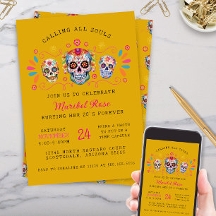 Invitation Gold Dia de los Muertos Crâne fête d'anniversaire