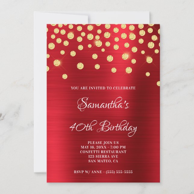 Invitation Gold Diamant Confetti Rouge Foil Satin Ombre (Devant)