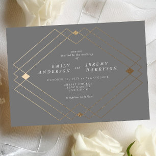 Invitation Gold Diamond Gris Géométrique Mariage Gatsby