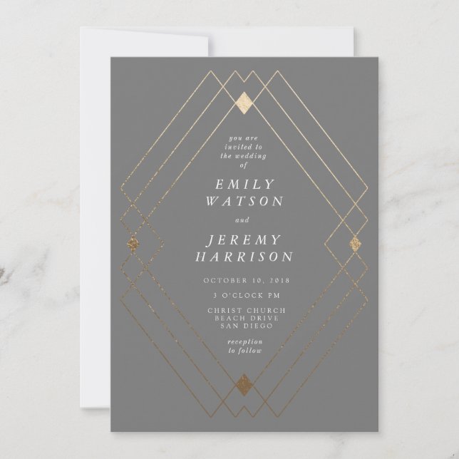 Invitation Gold Diamond Gris Géométrique Mariage Gatsby (Devant)