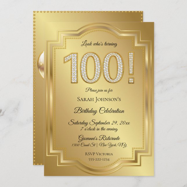 Invitation Gold & Diamonds 100th Birthday Anniversary (Devant / Derrière)