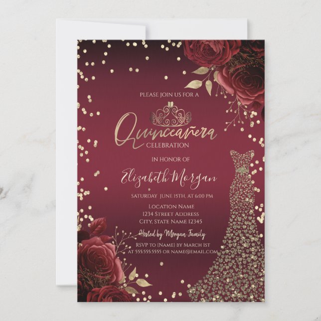 Invitation Gold Diamonds Dress Dark Red Roses  Quinceañera (Devant)