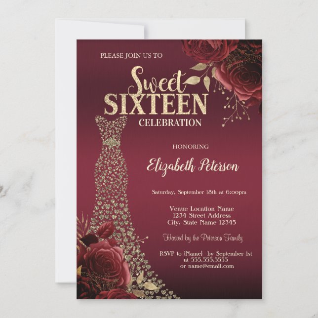 Invitation Gold Diamonds Dress Red Roses Sweet 16  (Devant)