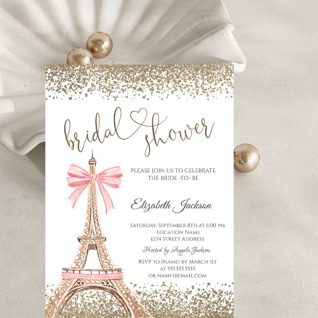 Invitation Gold Diamonds Eiffel Tower Bow Bridal Shower  (Créateur téléchargé)