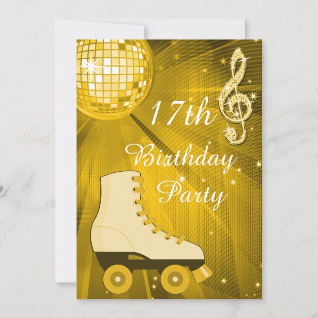 Invitation Gold Disco Ball and Roller Skates 17e anniversaire (Devant)