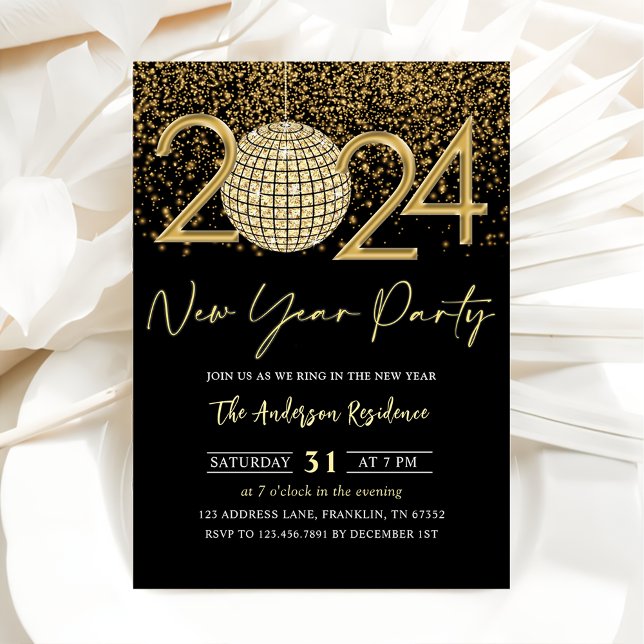 Invitation Gold Disco Ball Cheers New Years Eve Party 2024 (Créateur téléchargé)