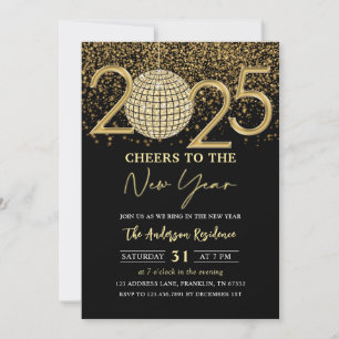 Invitation Gold Disco Ball Cheers New Years Eve Party 2025
