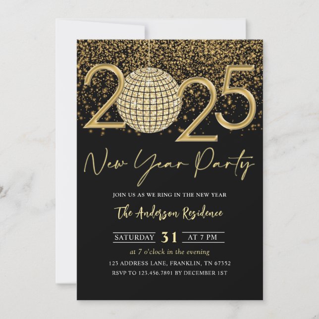 Invitation Gold Disco Ball Cheers New Years Eve Party 2025 (Devant)
