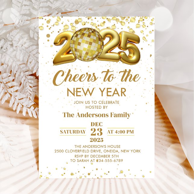 Invitation Gold Disco Ball Cheers New Years Eve Party 2025 (Créateur téléchargé)