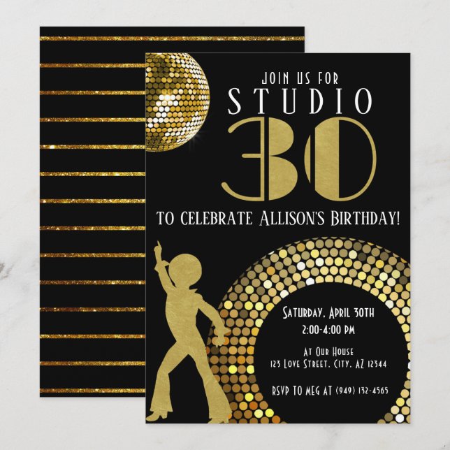 Invitation Gold Disco Ball Studio 54 Party 30e anniversaire (Devant / Derrière)
