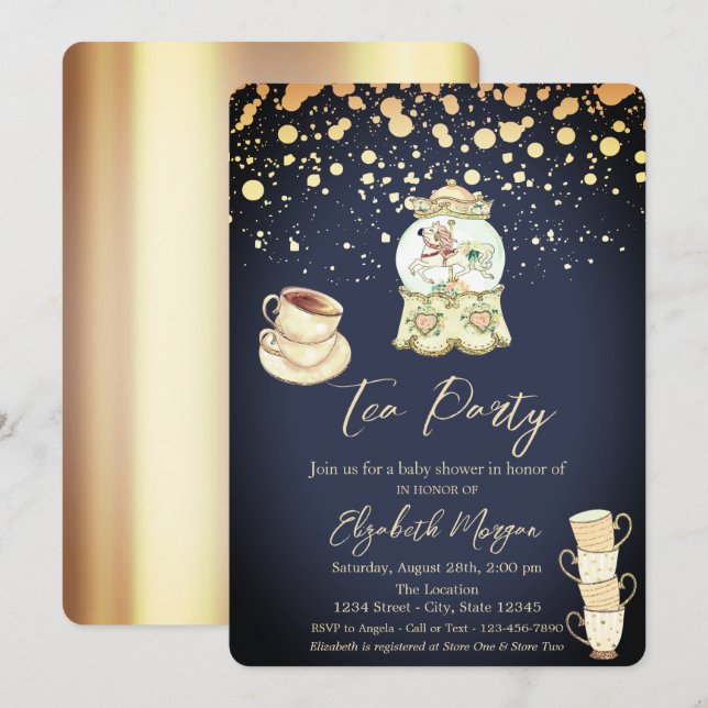 Invitation Gold Dots Tea Party Baby shower bleu marine (Devant / Derrière)