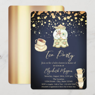Invitation Gold Dots Tea Party Baby shower bleu marine