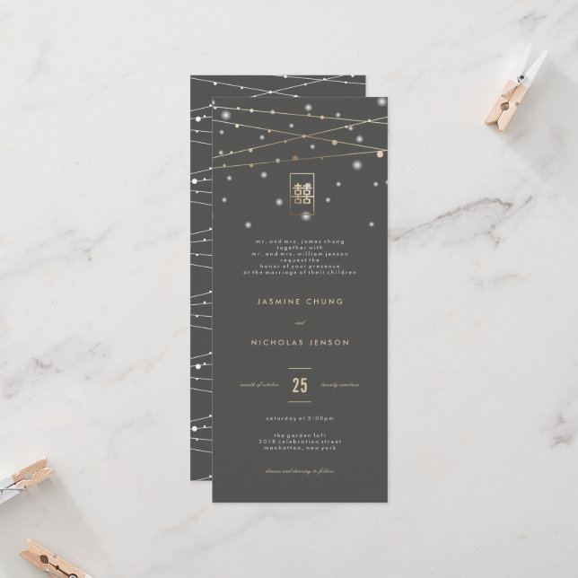 Invitation Gold Double Happy Fairy Lights Mariage chinois (Devant/Arrière en situation)