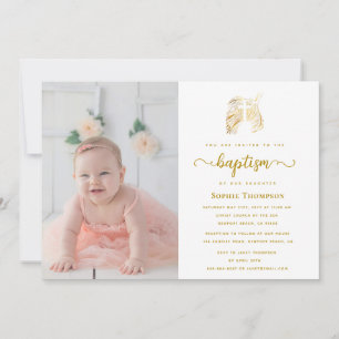Invitation Gold Dove White Cross Girl Baptême Religieux Photo