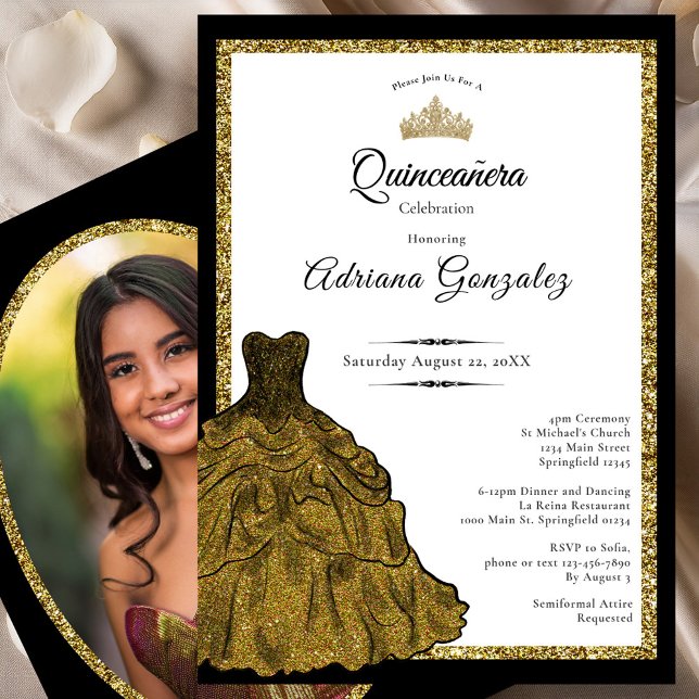 Invitation Gold Dress and Tiara Custom Photo Quinceanera (Créateur téléchargé)