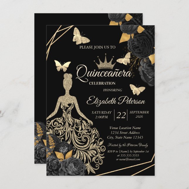Invitation Gold Dress,Butterfly Black Roses Quinceañera (Devant / Derrière)