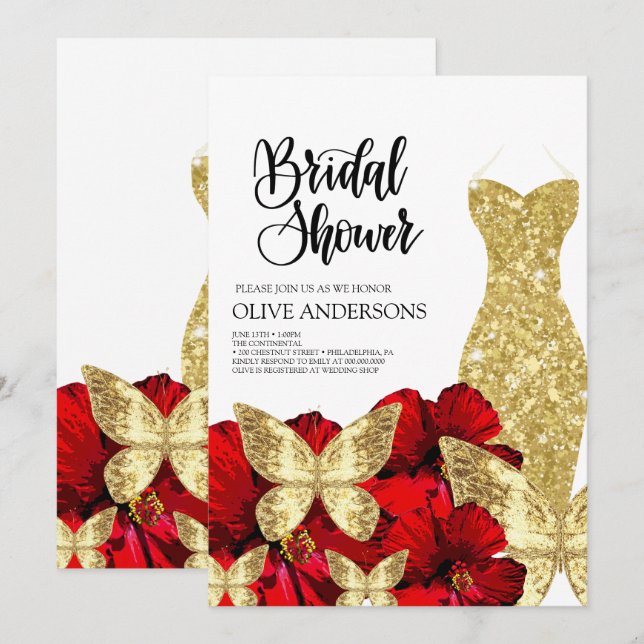 Invitation Gold Dress Red Rose Floral Bridal Shower  (Devant / Derrière)