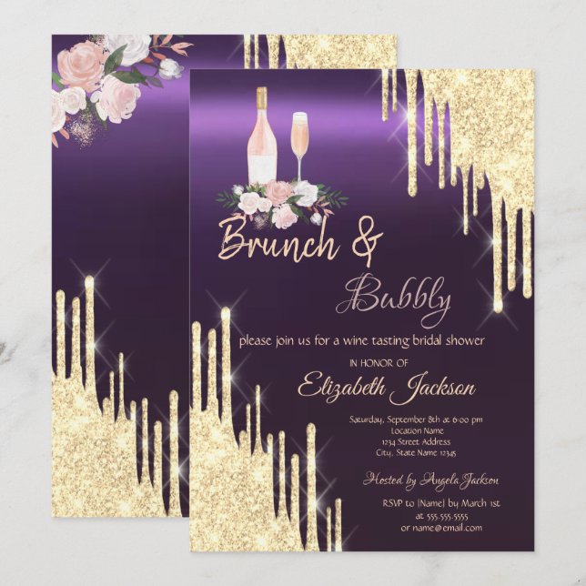 Invitation Gold Drips Brunch & Bubbly Baby Shower Violet (Devant / Derrière)