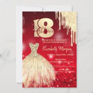 Invitation Gold Drips robe Red Bokeh 18e anniversaire