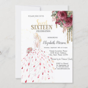 Invitation Gold Drips,Robes,Aquarelles Roses Sweet 16
