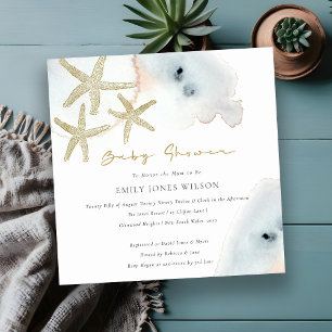 Invitation Gold Dusky Blue Peach Beach Starfish Baby shower