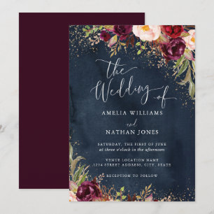 Invitation Gold Dust Burgundy Navy Floral Watercolor Mariage