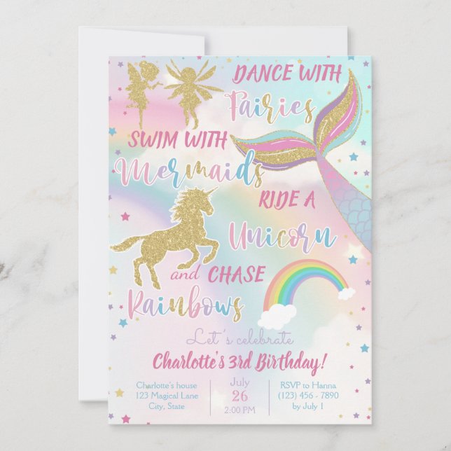 Invitation Gold Dust Magique Unicorn Fairy Mermaid Anniversai (Devant)