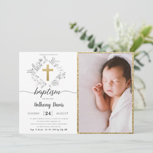 Invitation Gold Dusty Grey Baptism avec photo (Debout devant)