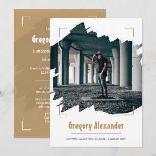 Invitation Gold Edgy Abstrait Brushstroke Photo Graduation