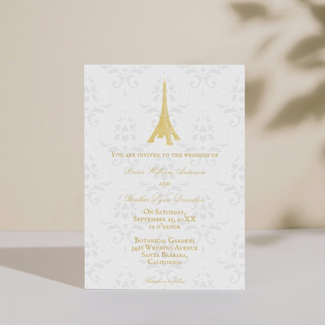 Invitation Gold Eiffel Tower Mariage damassé (Gold Eiffel Tower Damask Wedding Invitation)