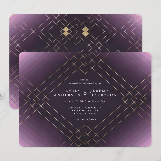 Invitation Gold Elegance Purple Diamond Gatsby Mariage (Devant / Derrière)
