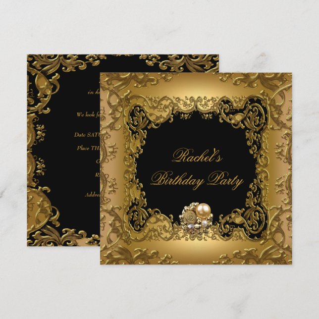 Invitation Gold Elegant Black Gold Bijou de fête d'anniversai (Devant / Derrière)