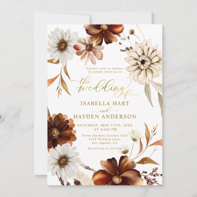 Invitation Gold Elegant Chute Boho Terracotta Mariage Brown (Devant)