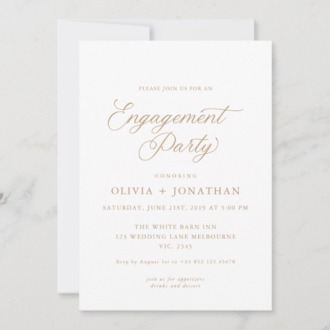 Invitation Gold Elegant Moderne Calligraphie Partie d'engagem (Devant)