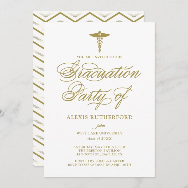 Invitation Gold Elegant Script Médicale School Graduation (Devant / Derrière)