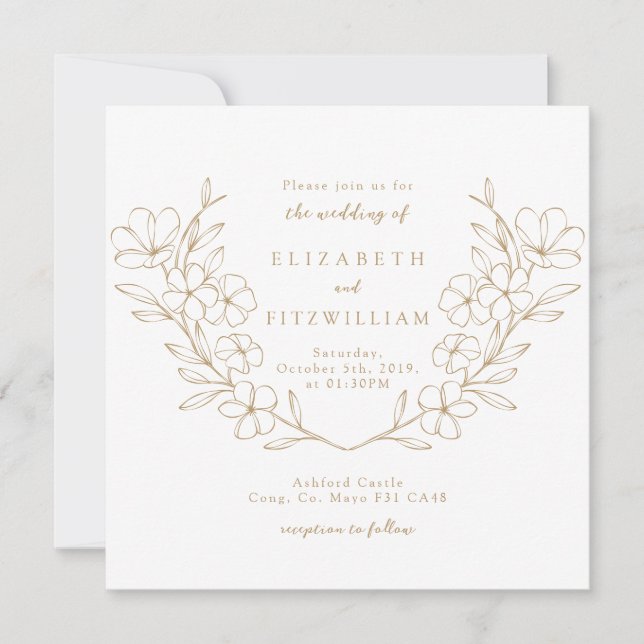 Invitation Gold Elegant Simple Cherry Blooming Fleur Wreath (Devant)