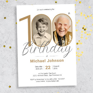 Invitation Gold Elegant Simple Photo 100th Birthday Party