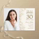 Invitation Gold Elegant Surprise Photo 30e anniversaire<br><div class="desc">Crème or florale surprise 30e anniversaire invitation fête avec votre photo sur le devant de la carte. Design moderne élégant avec accents de dessin botanique et police de script de typographie. Carte invitation simple et tendance, parfaite pour une célébration anniversaire élégante. Peut être customisé à n'importe quel âge. Invitations Zazzle...</div>
