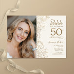 Invitation Gold Elegant Surprise Photo 50e anniversaire<br><div class="desc">La crème d'or florale surprise 50e anniversaire invitation fête avec votre photo sur le devant de la carte. Design moderne élégant avec accents de dessin botanique et police de script de typographie. Carte invitation simple et tendance, parfaite pour une célébration anniversaire élégante. Peut être customisé à n'importe quel âge. Invitations...</div>