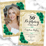 Invitation Gold Emerald Green Photo 50e anniversaire<br><div class="desc">Elégante invitation à 50e anniversaire fleurie avec votre photo au verso de la carte. Design de glam avec de l'or de parties scintillant imitation. Il comprend des bandes dorées, des roses vert émeraude, des caractères de script et des confettis. Parfait pour une fête anniversaire adulte élégante. Personnalisez avec vos propres...</div>